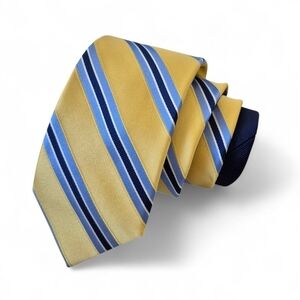Tommy Hilfiger 100% Silk Tie Yellow Navy Blue Stripes